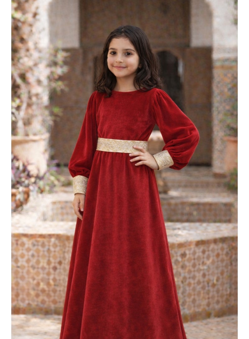 Girls Velvet Islamic Long Sleeve Dress with Separate Gold Belt, - Image 1